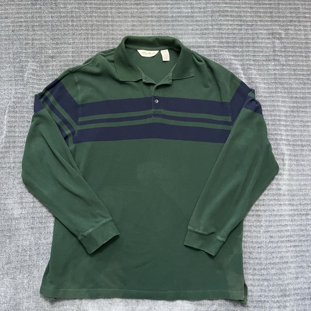 Vintage Eddie Bauer Rugby Shirt Forest green Navy Stripe Long Sleeve Men's Lg